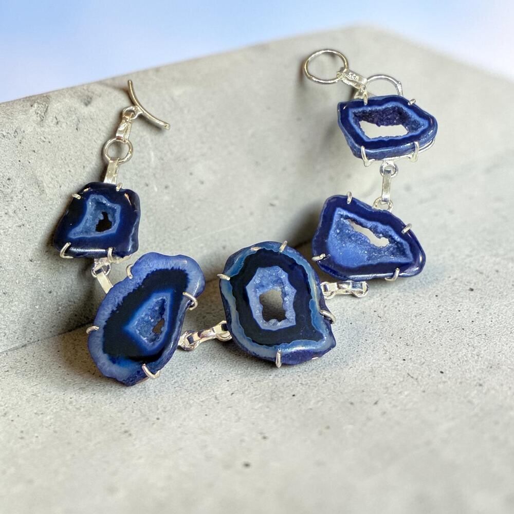 Blue Druzy Agate Slice 925 Silver Plated Bracelet
